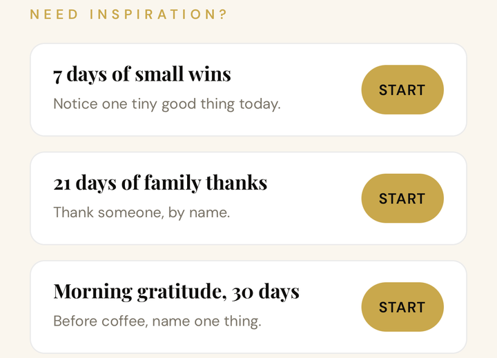GratiFlow challenges: 7 days of small wins, 21 days of family thanks, morning gratitude
