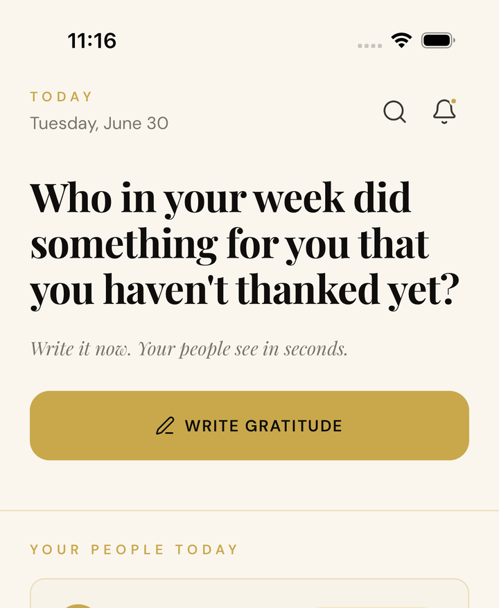 GratiFlow Today screen with the prompt: who in your week did something for you that you have not thanked yet